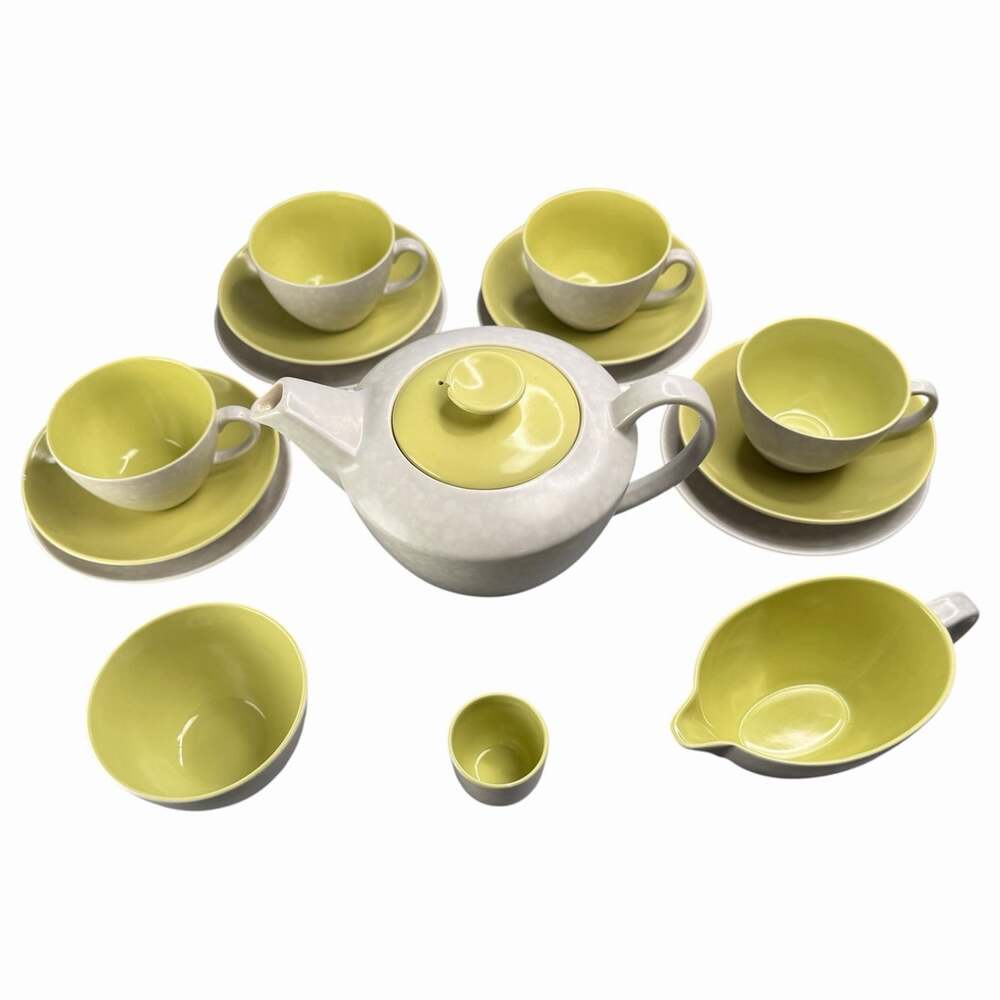 Poole Twintone Pottery Tea Set 4 Cups Saucers Plates Teapot Creamer Sugar VTG